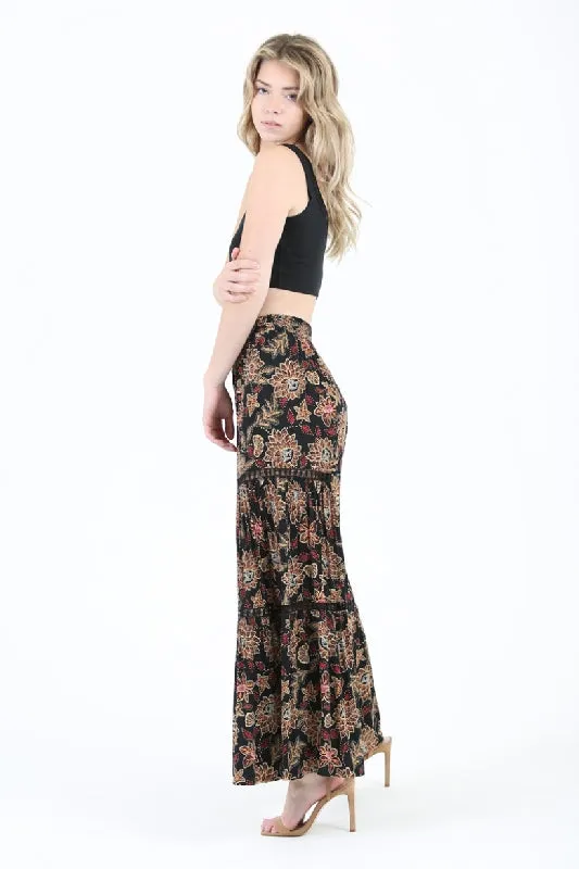 Angie Boho Floral Print Pants - Black
