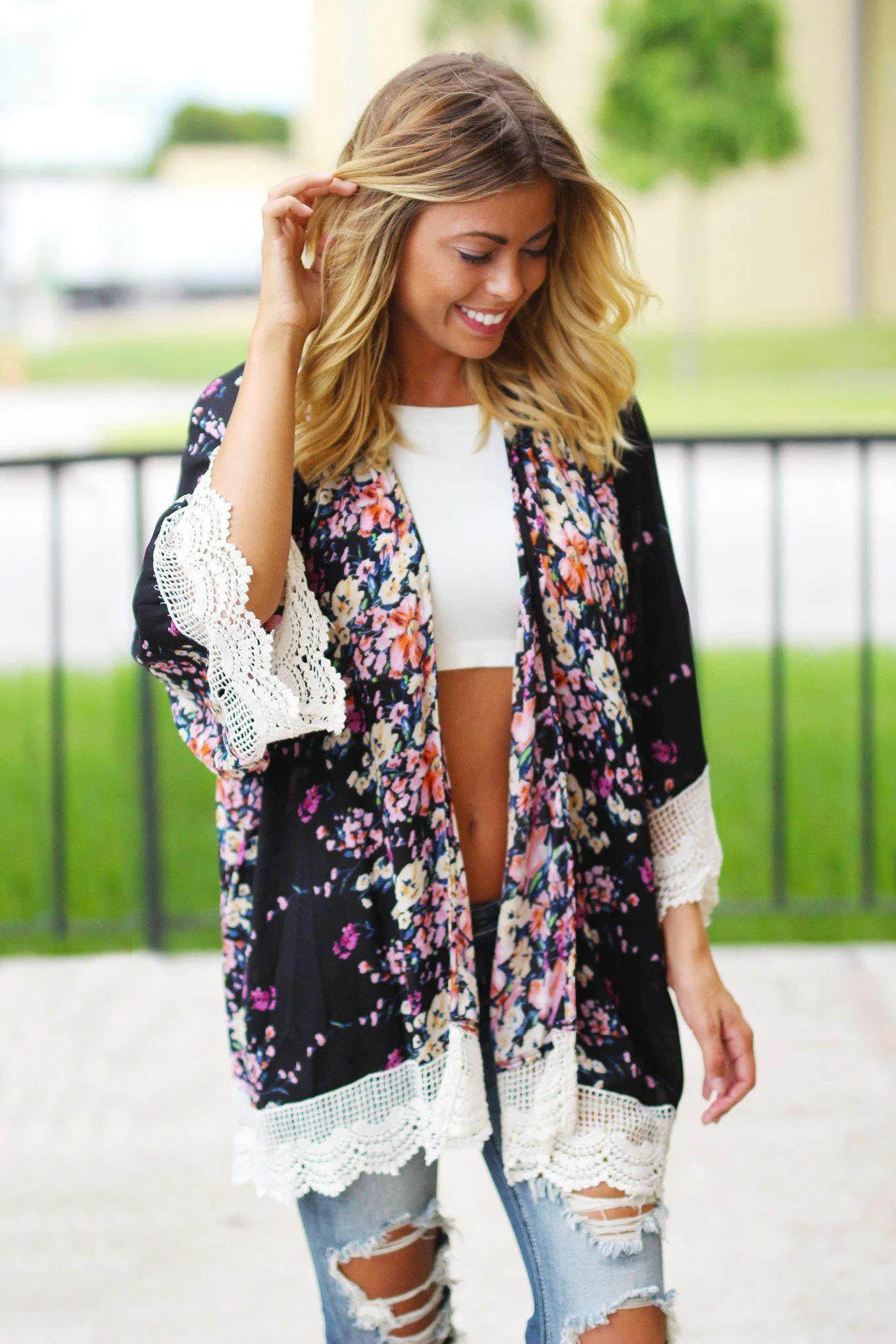 Black Floral Kimono