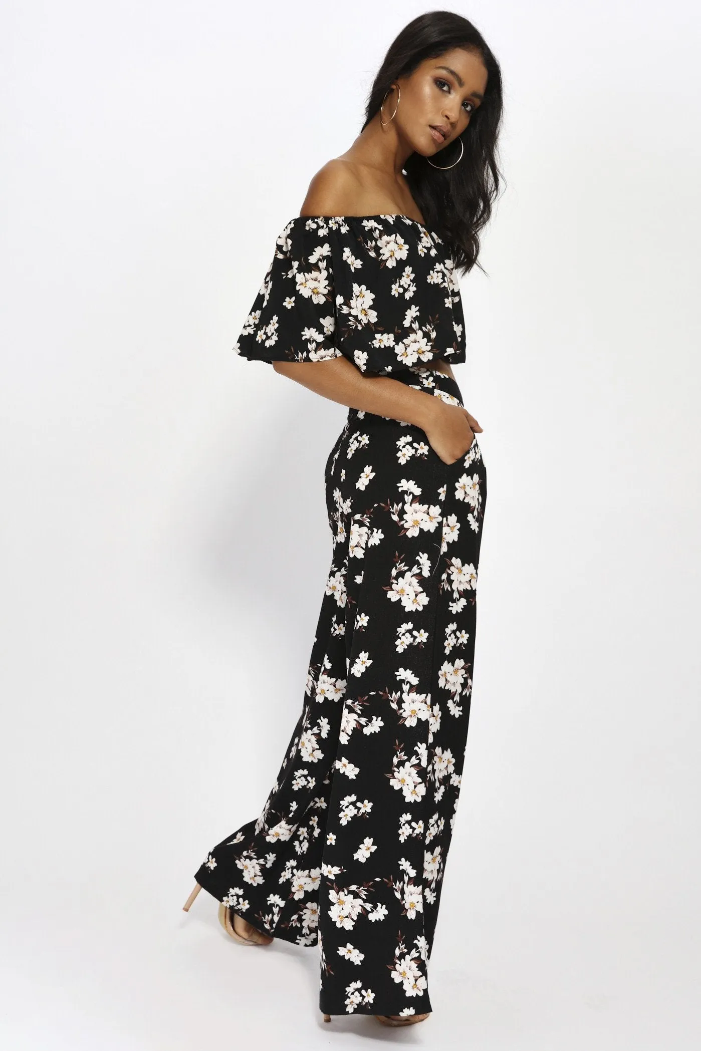 Black Small Floral Palazzo Trousers