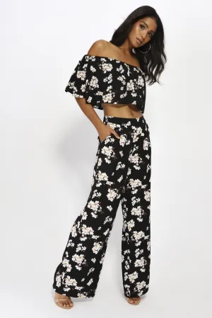Black Small Floral Palazzo Trousers