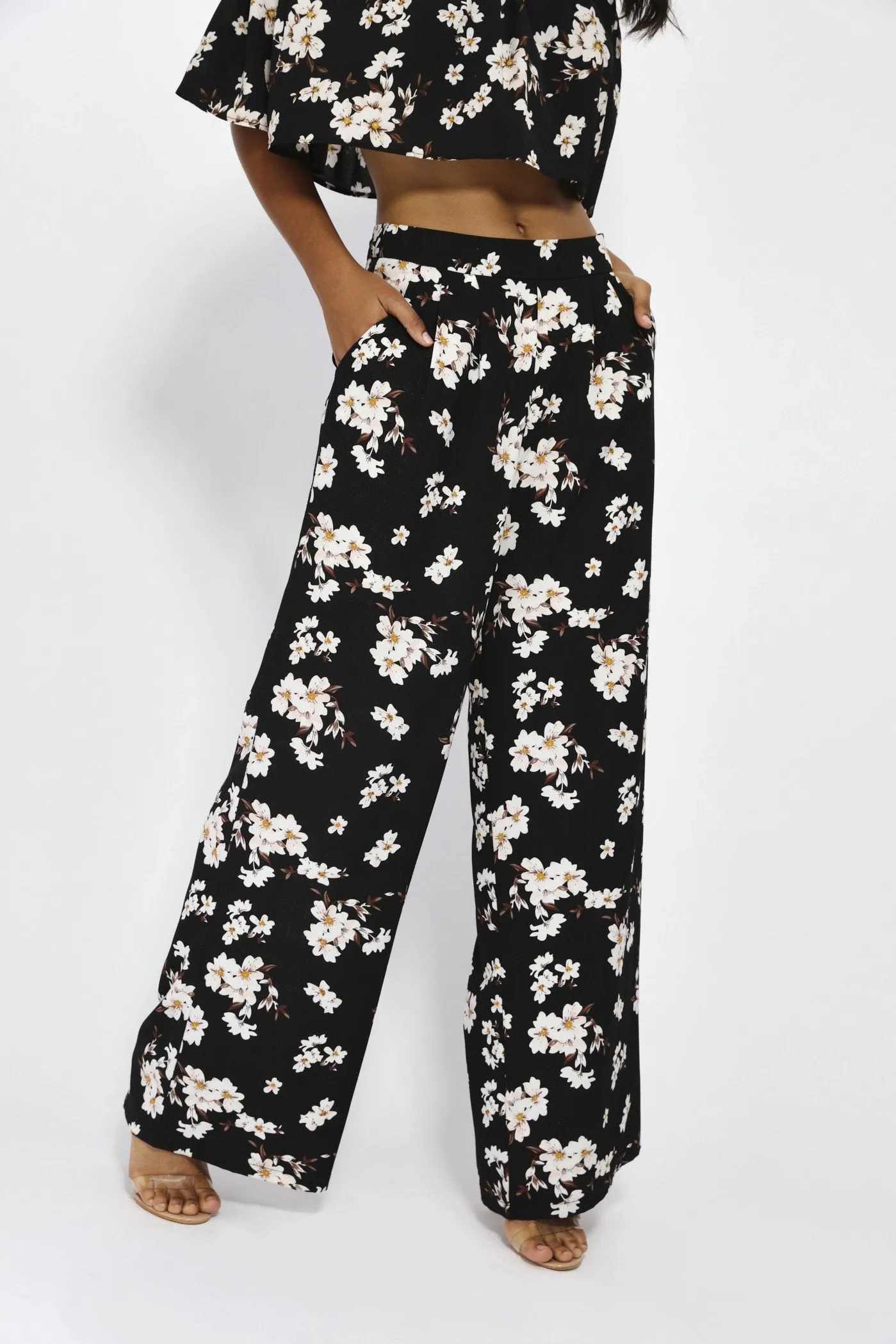 Black Small Floral Palazzo Trousers