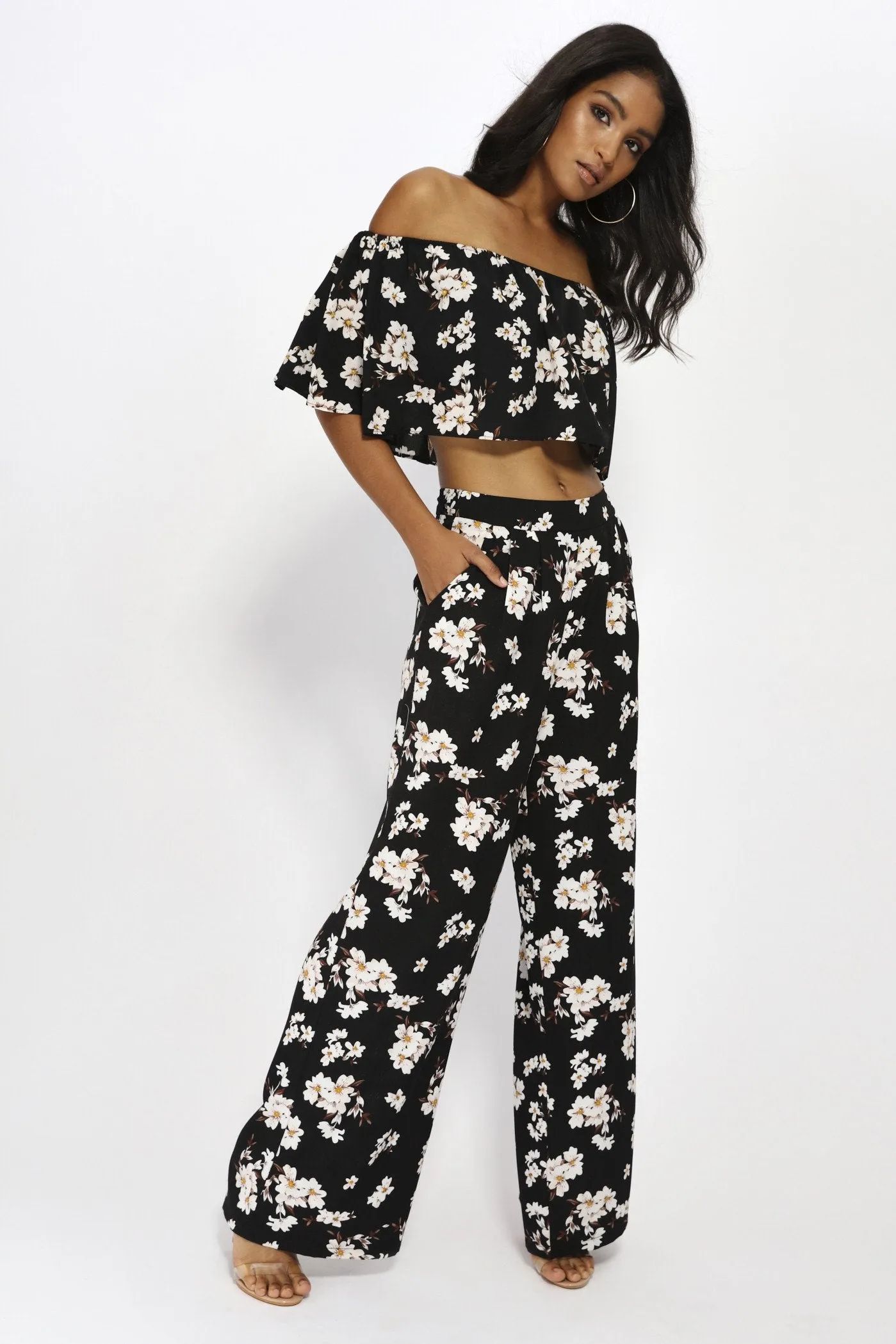 Black Small Floral Palazzo Trousers
