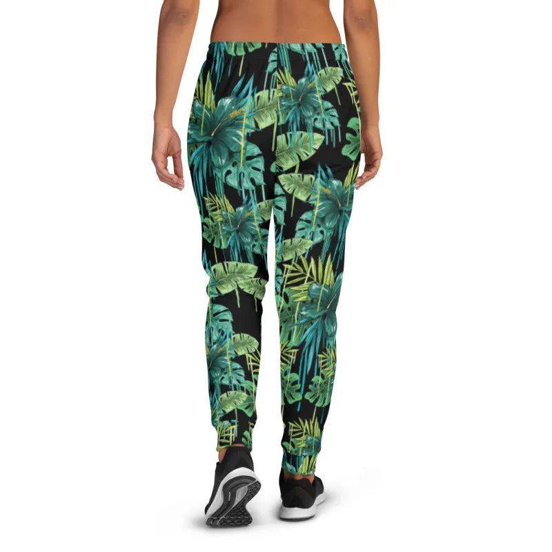Black Tropical Women's Joggers, Green Leaf Print Casual Premium Sweatpants-Made in EU
