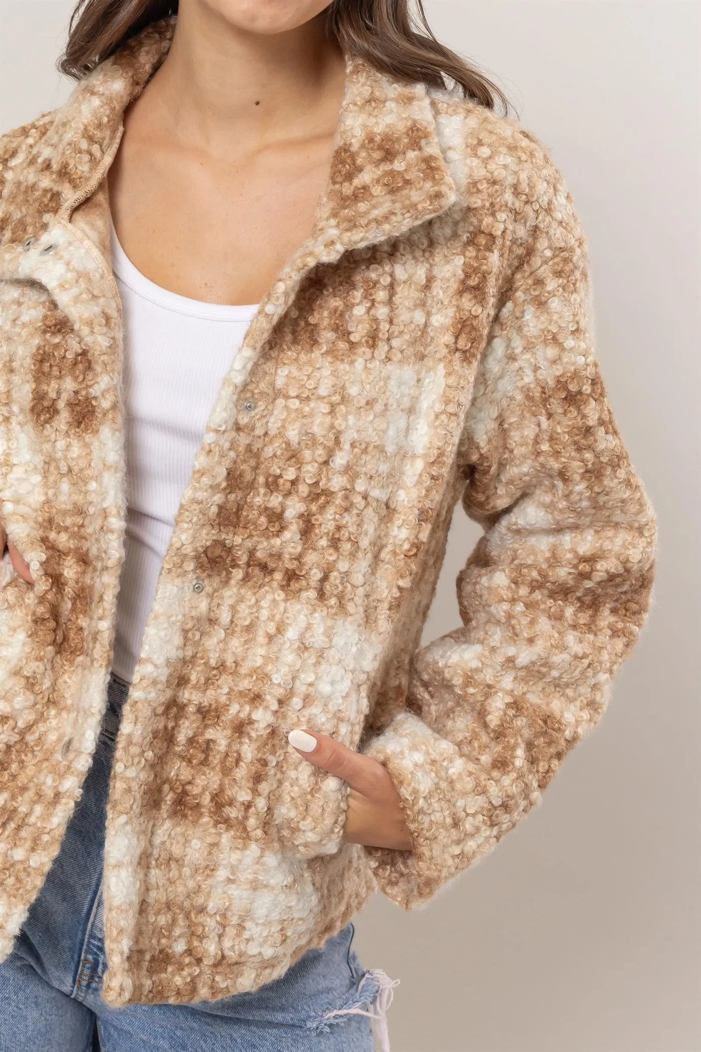 Blue Zone Planet |  HYFVE Plaid Collared Neck Boucle Jacket with Pockets