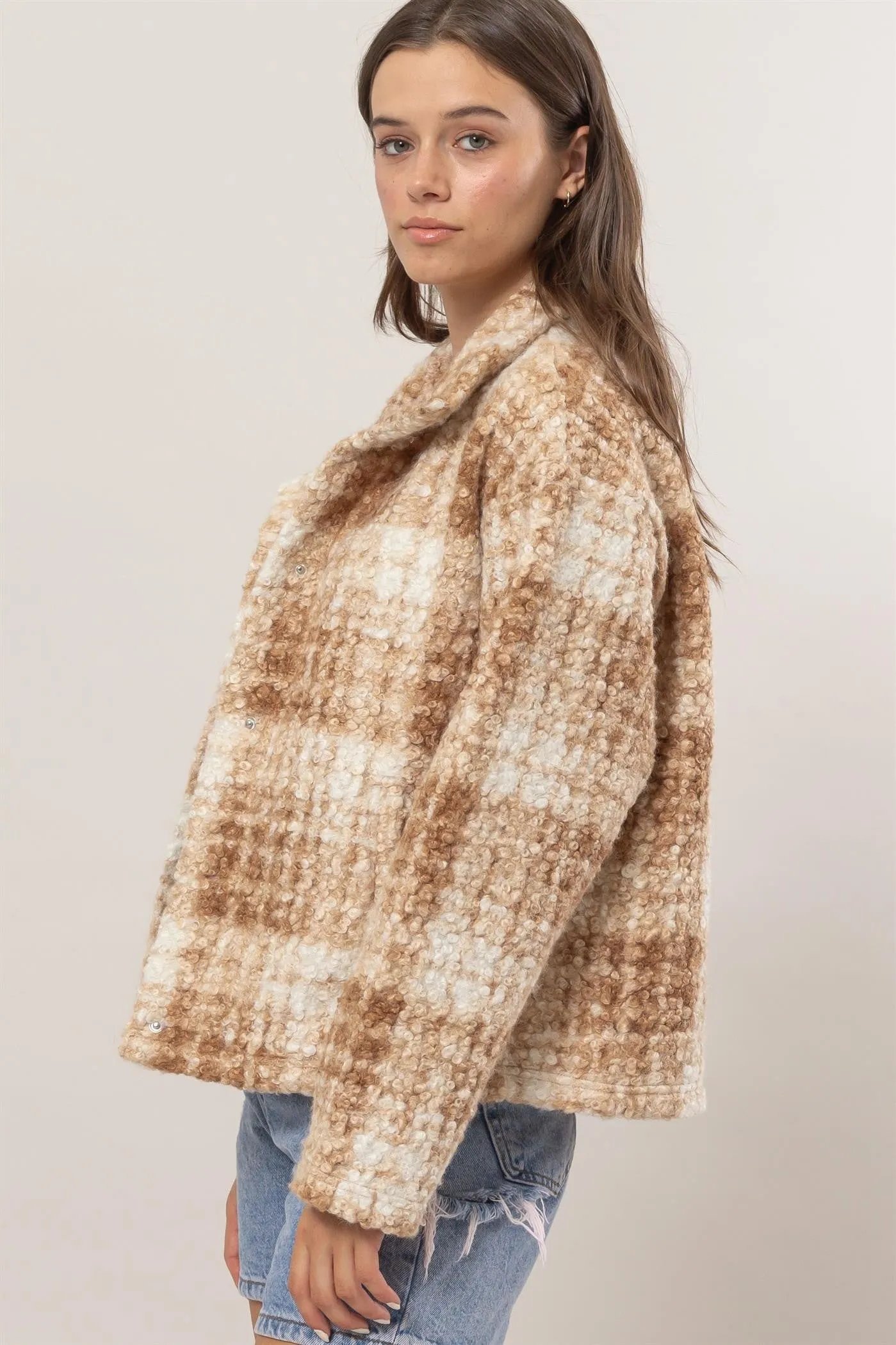 Blue Zone Planet |  HYFVE Plaid Collared Neck Boucle Jacket with Pockets