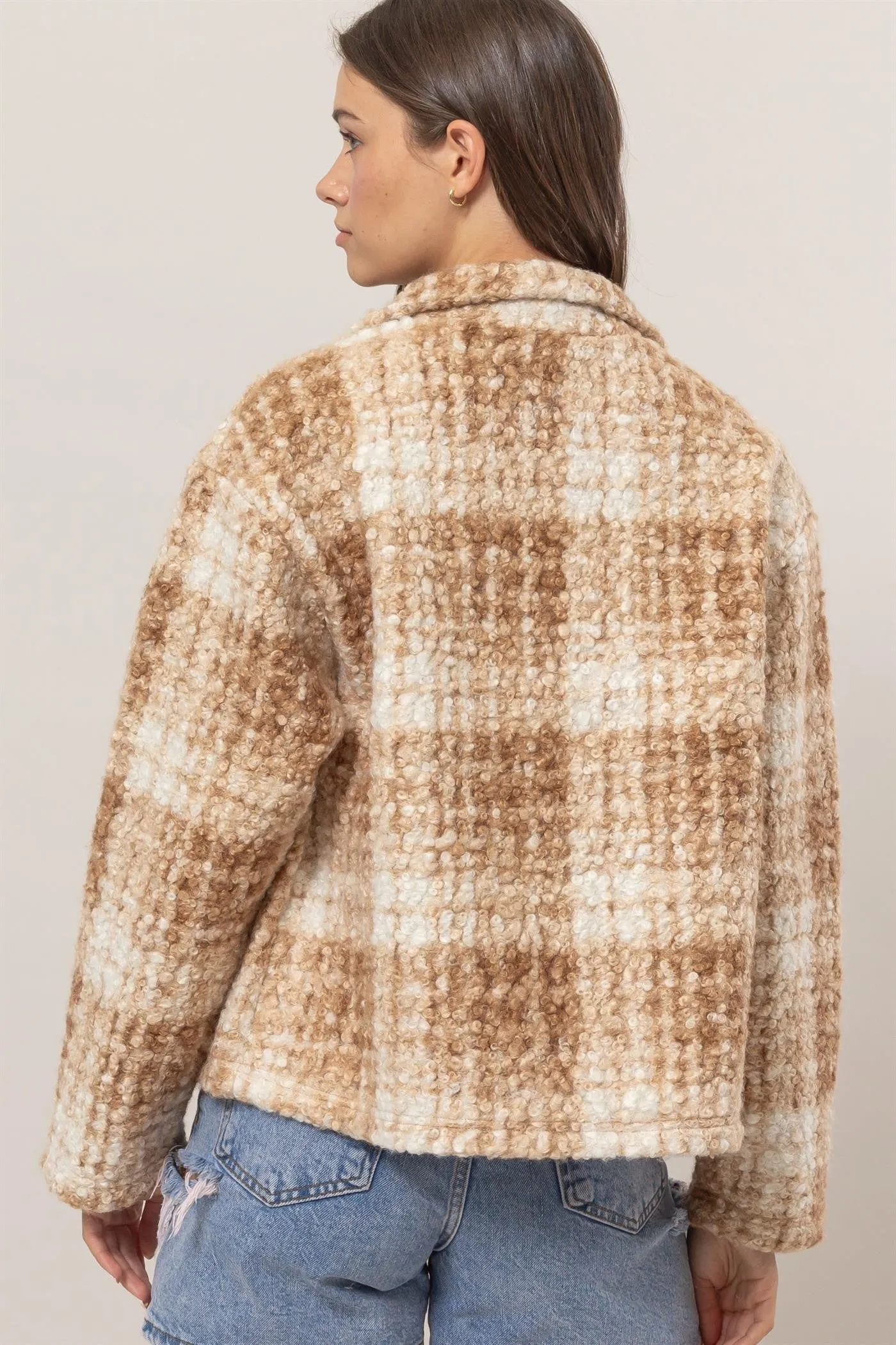 Blue Zone Planet |  HYFVE Plaid Collared Neck Boucle Jacket with Pockets