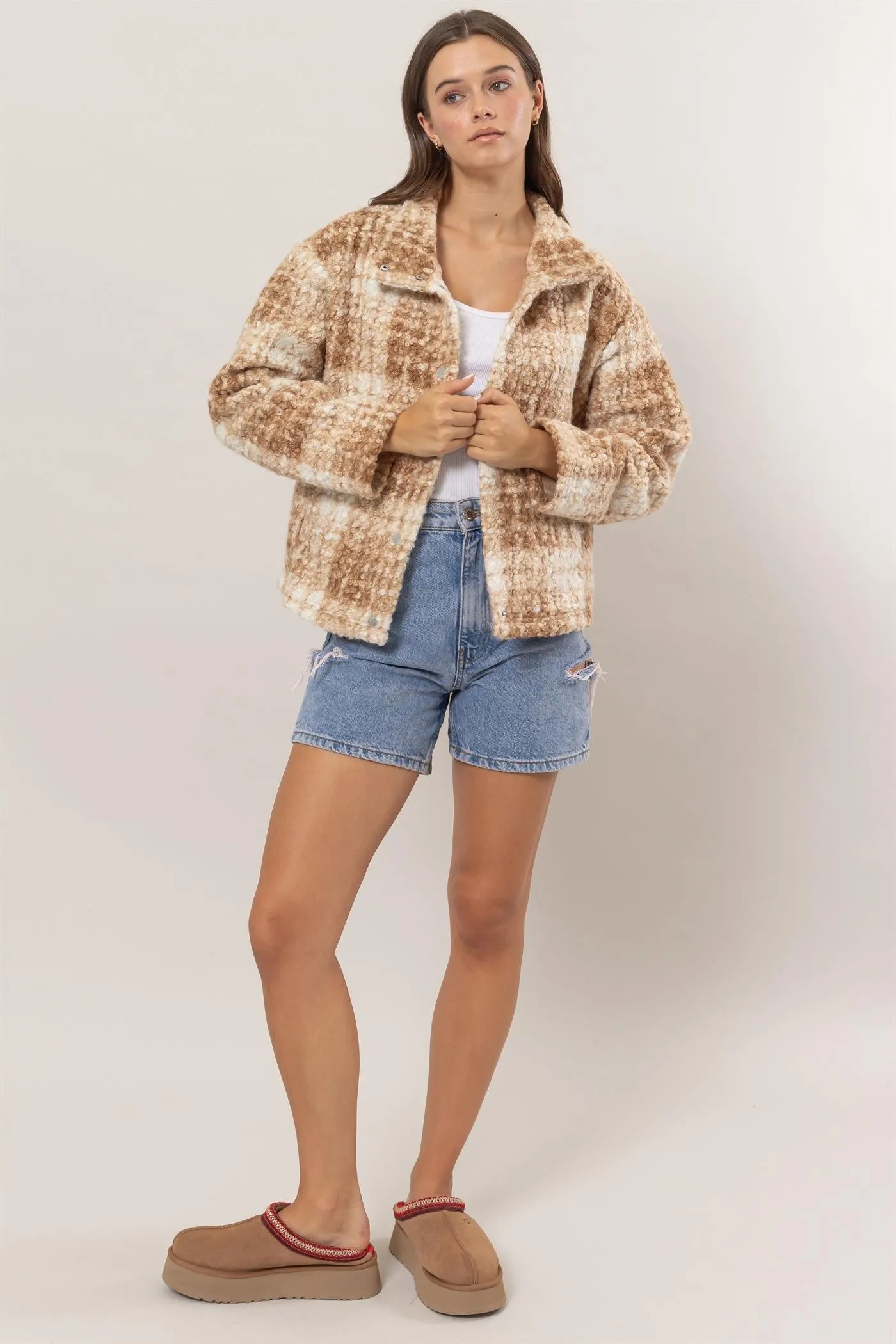 Blue Zone Planet |  HYFVE Plaid Collared Neck Boucle Jacket with Pockets