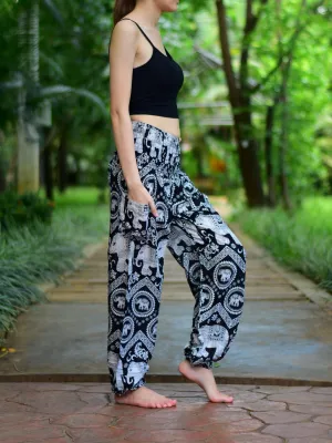 Bohotusk Black Elephant Paradise Print Elasticated Smocked Waist