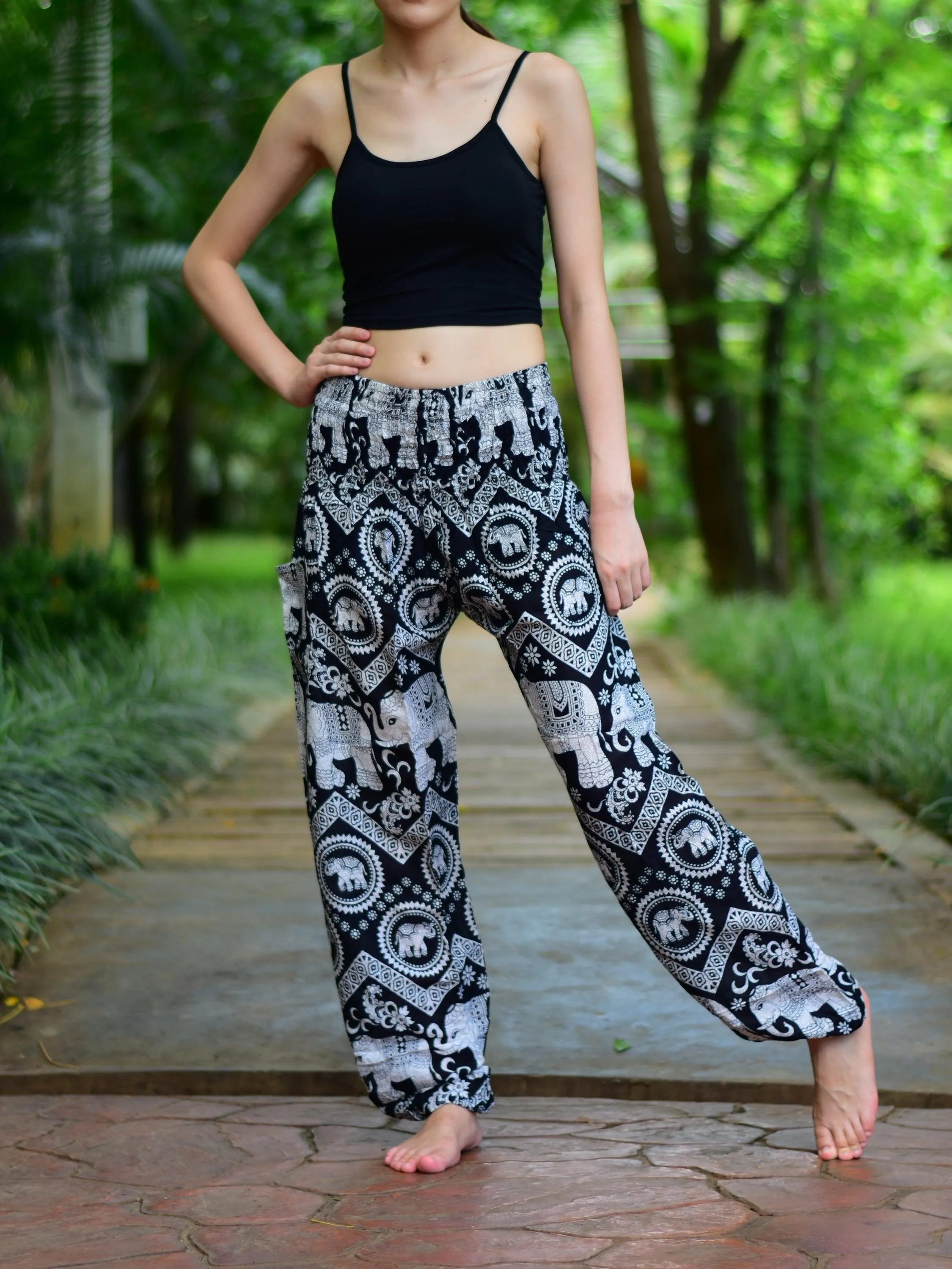 Bohotusk Black Elephant Paradise Print Elasticated Smocked Waist