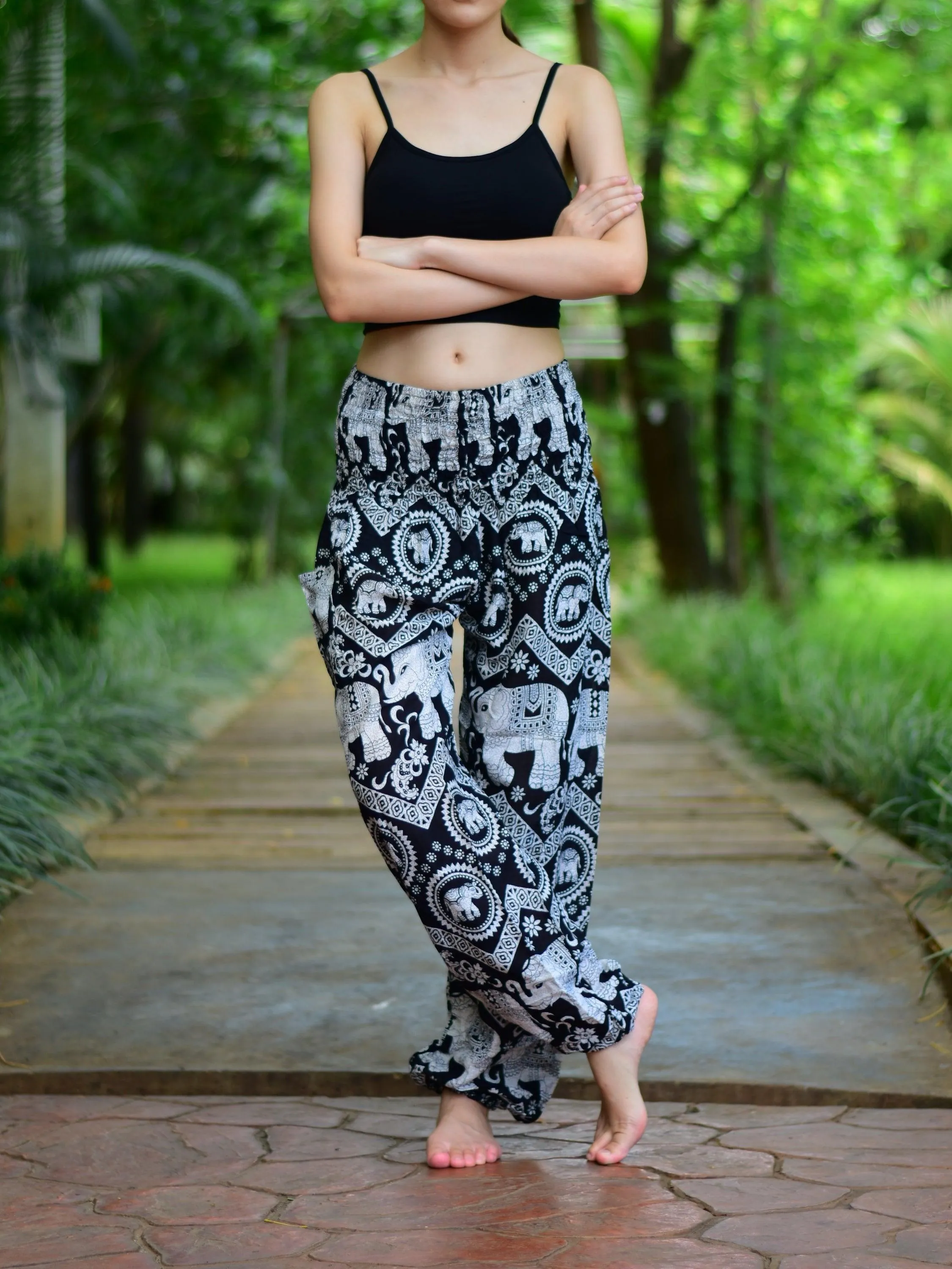 Bohotusk Black Elephant Paradise Print Elasticated Smocked Waist
