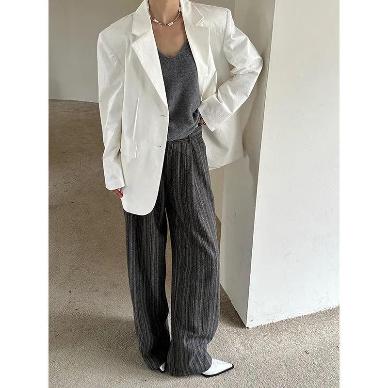 Fashionkova fashion outfits Dtwo Autumn and Winter Contrast Color Stitching Striped Woolen Wool Mopping Pants Trousers Straight Pants Original Niche Design Women's Pants