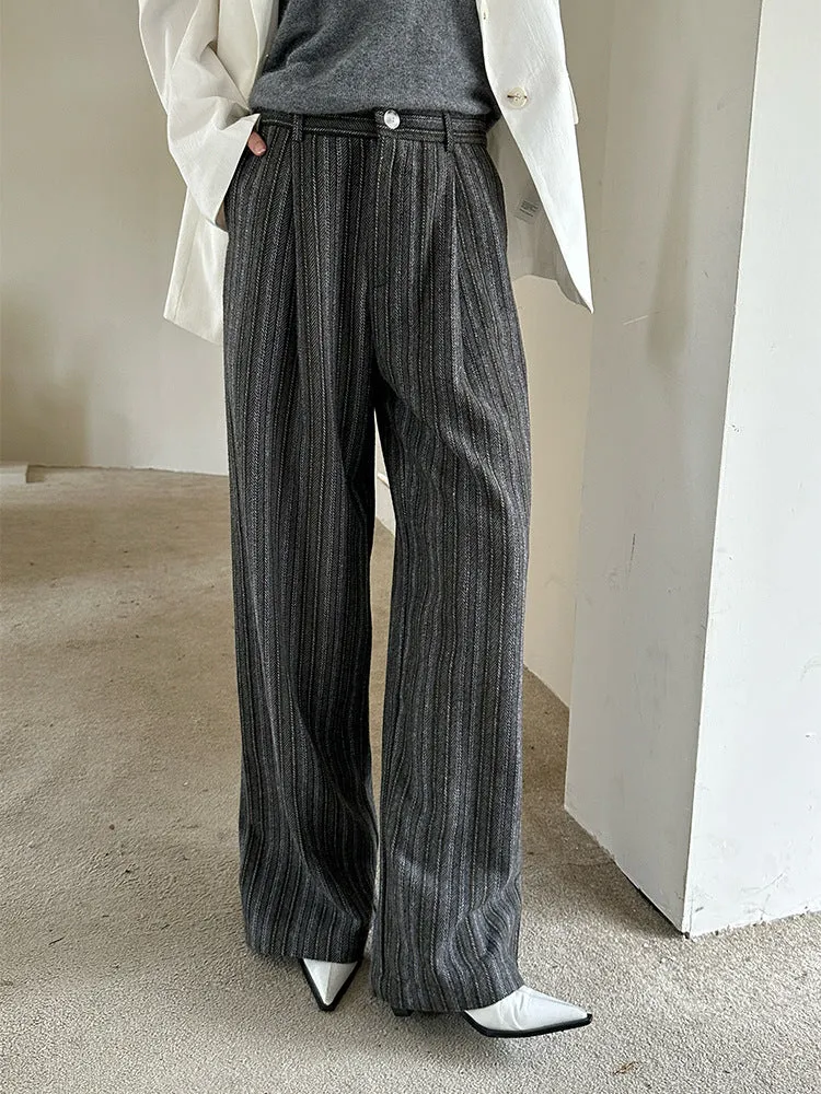 Fashionkova fashion outfits Dtwo Autumn and Winter Contrast Color Stitching Striped Woolen Wool Mopping Pants Trousers Straight Pants Original Niche Design Women's Pants