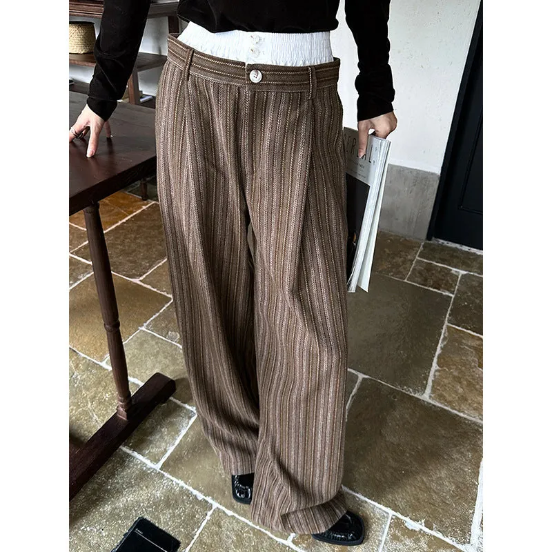 Fashionkova fashion outfits Dtwo Autumn and Winter Contrast Color Stitching Striped Woolen Wool Mopping Pants Trousers Straight Pants Original Niche Design Women's Pants