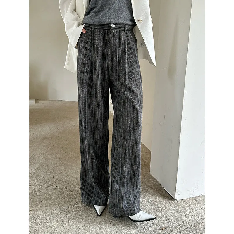 Fashionkova fashion outfits Dtwo Autumn and Winter Contrast Color Stitching Striped Woolen Wool Mopping Pants Trousers Straight Pants Original Niche Design Women's Pants