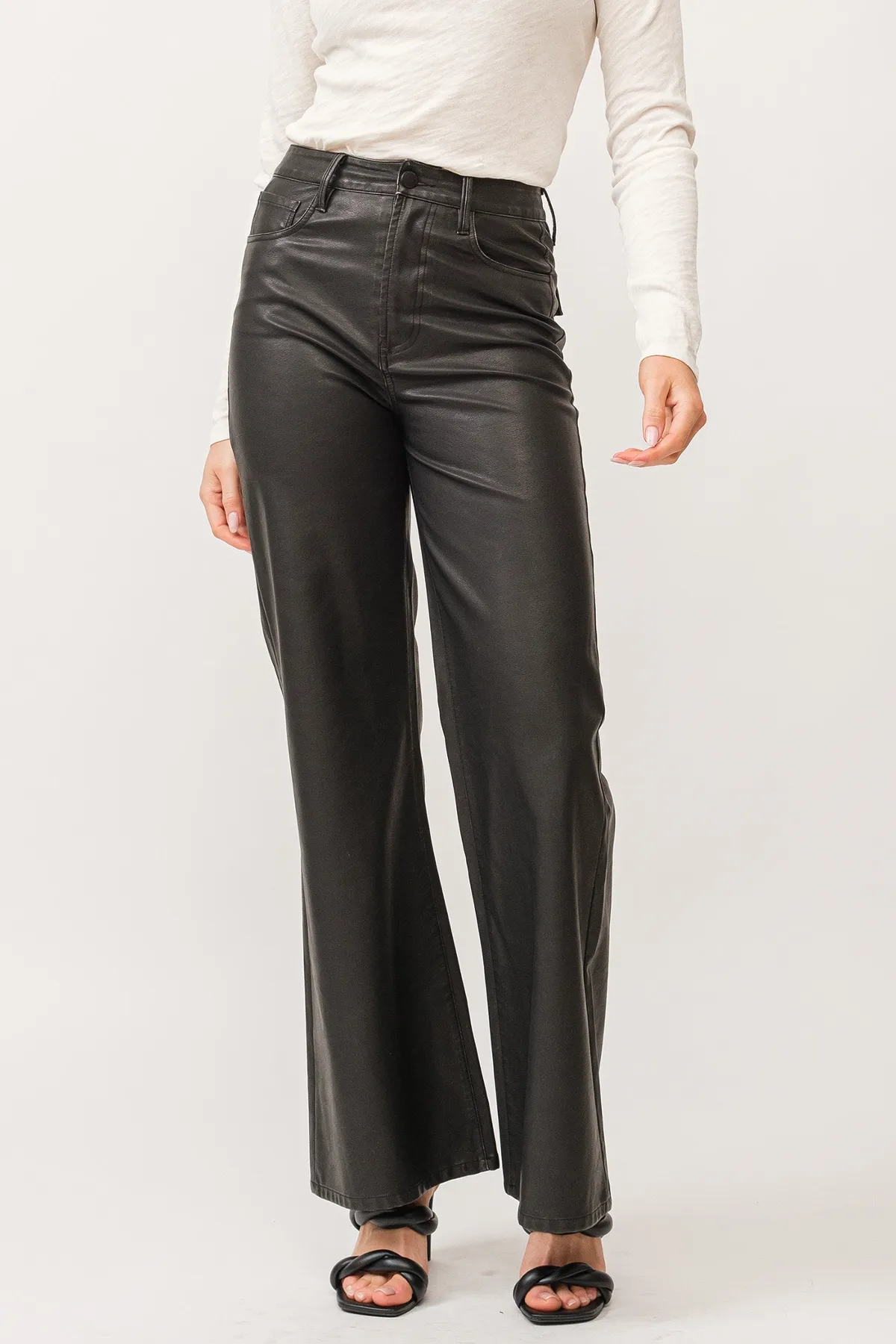 Fiona High Rise Wide Leg Jean | Smoked Charcoal Vegan Leather