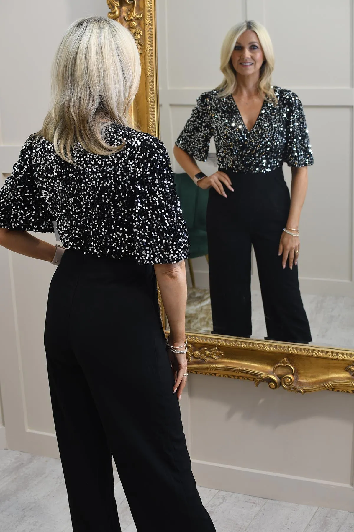 Girl In Mind Silver Sequin Top Wide Leg Jumpsuit- Delphine