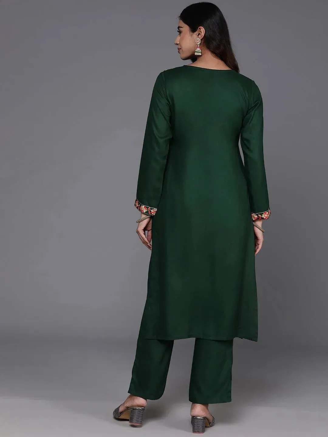 Green Yoke Design Wool Blend Straight Kurta Set