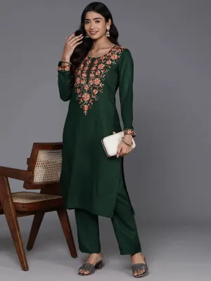Green Yoke Design Wool Blend Straight Kurta Set