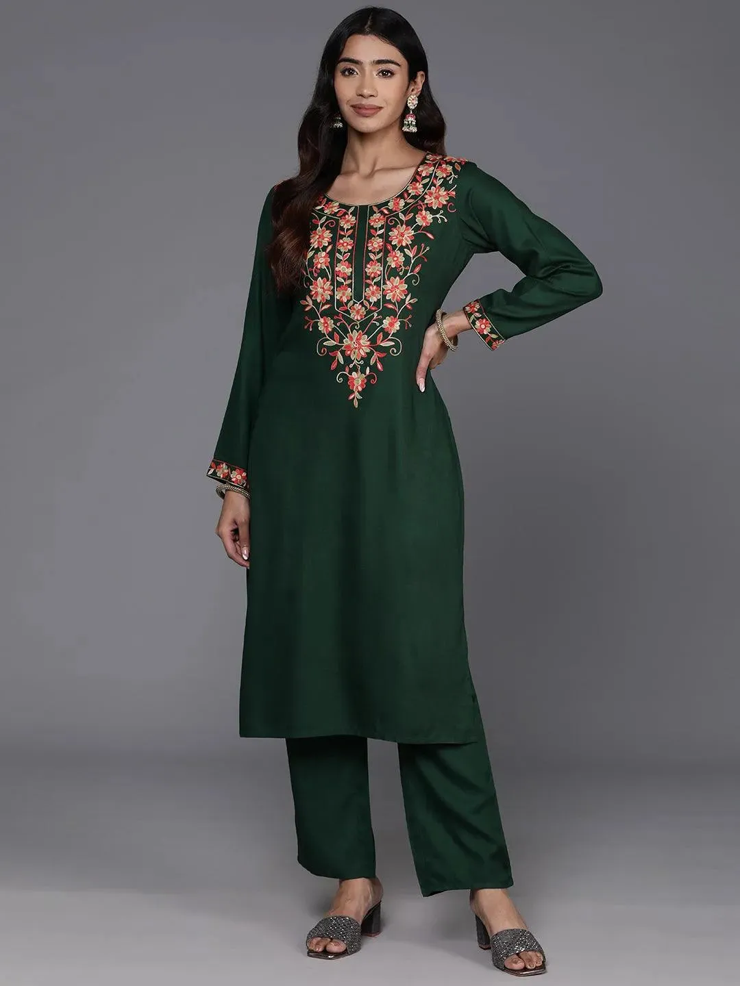 Green Yoke Design Wool Blend Straight Kurta Set