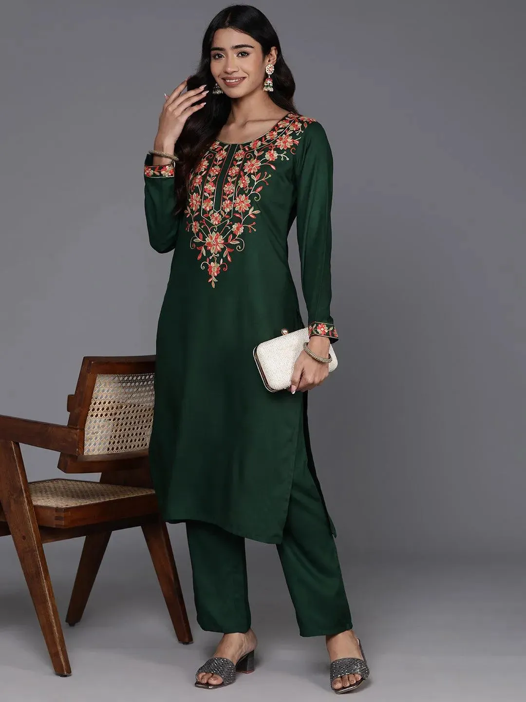 Green Yoke Design Wool Blend Straight Kurta Set