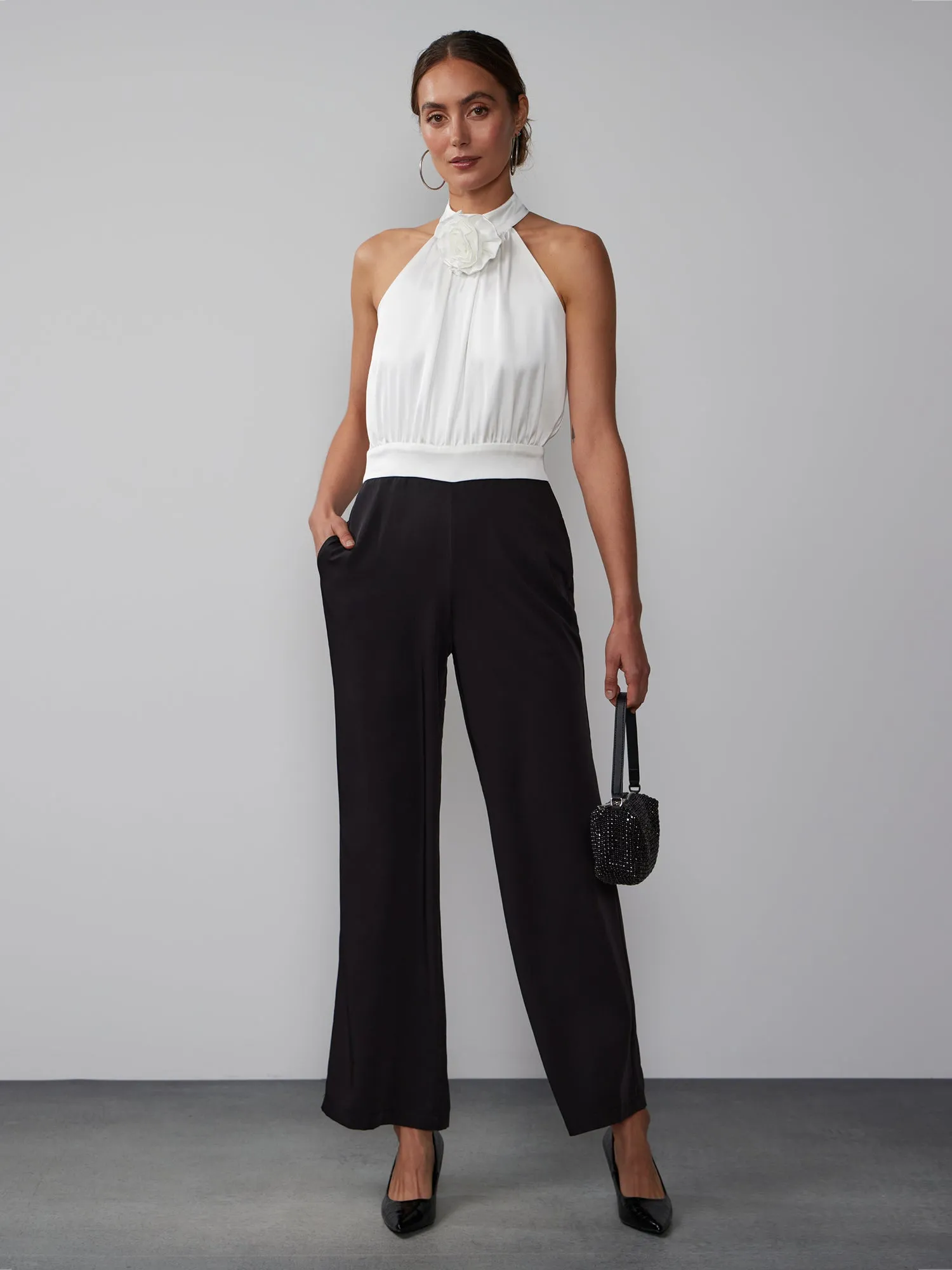 Sleeveless Satin Rosette Jumpsuit