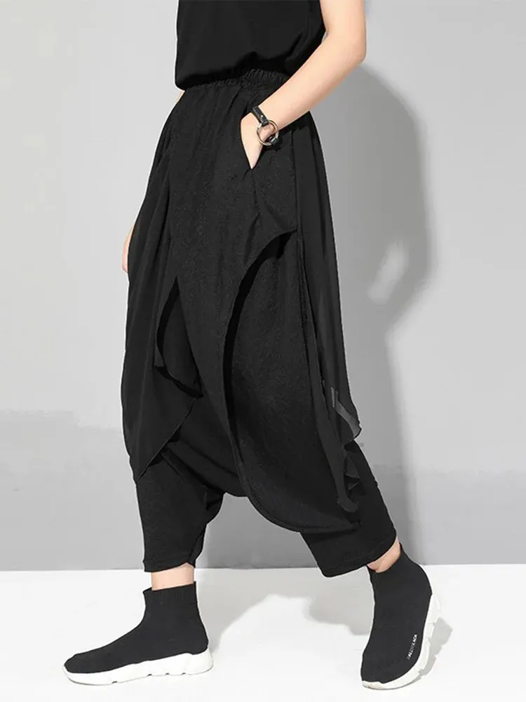 Stylish Deep Harem Capri Pants with Unique Overlay Design