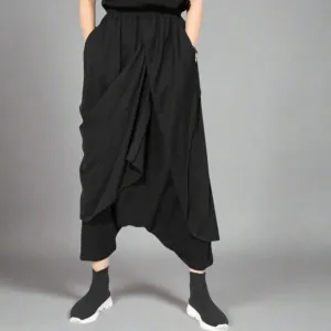 Stylish Deep Harem Capri Pants with Unique Overlay Design