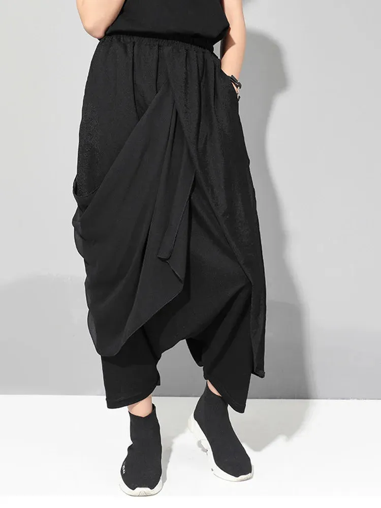 Stylish Deep Harem Capri Pants with Unique Overlay Design