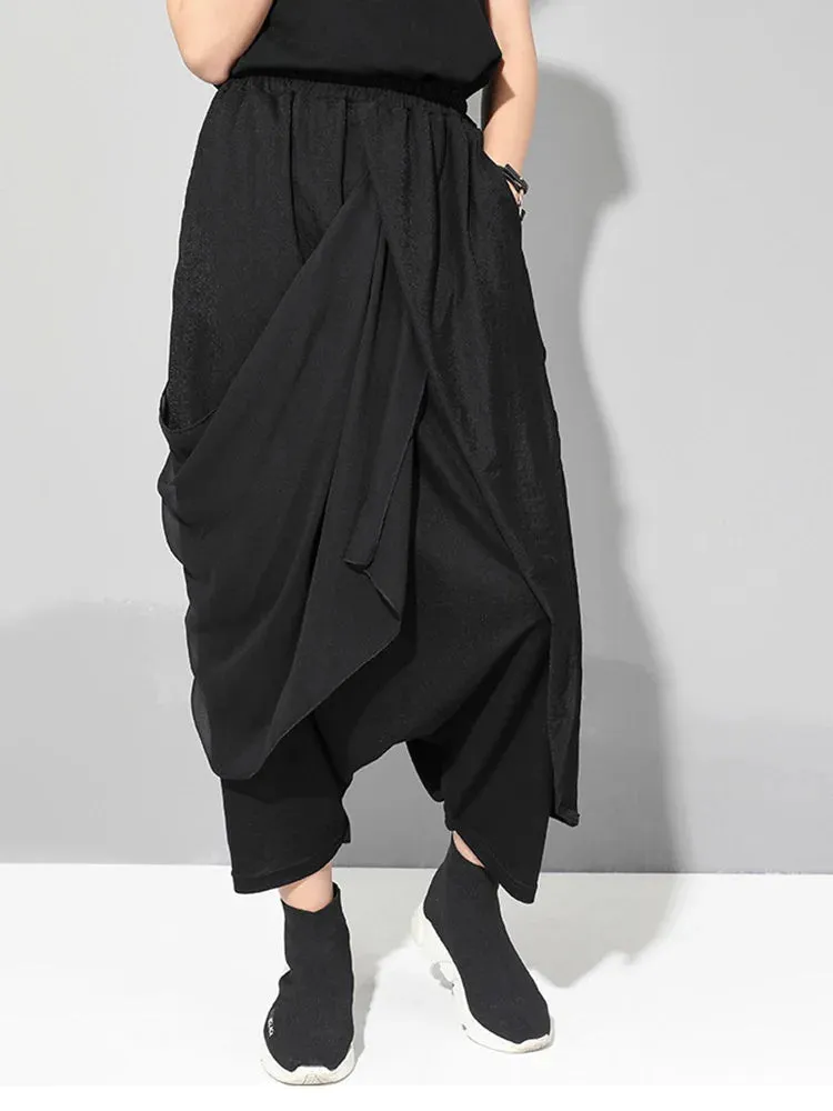 Stylish Deep Harem Capri Pants with Unique Overlay Design