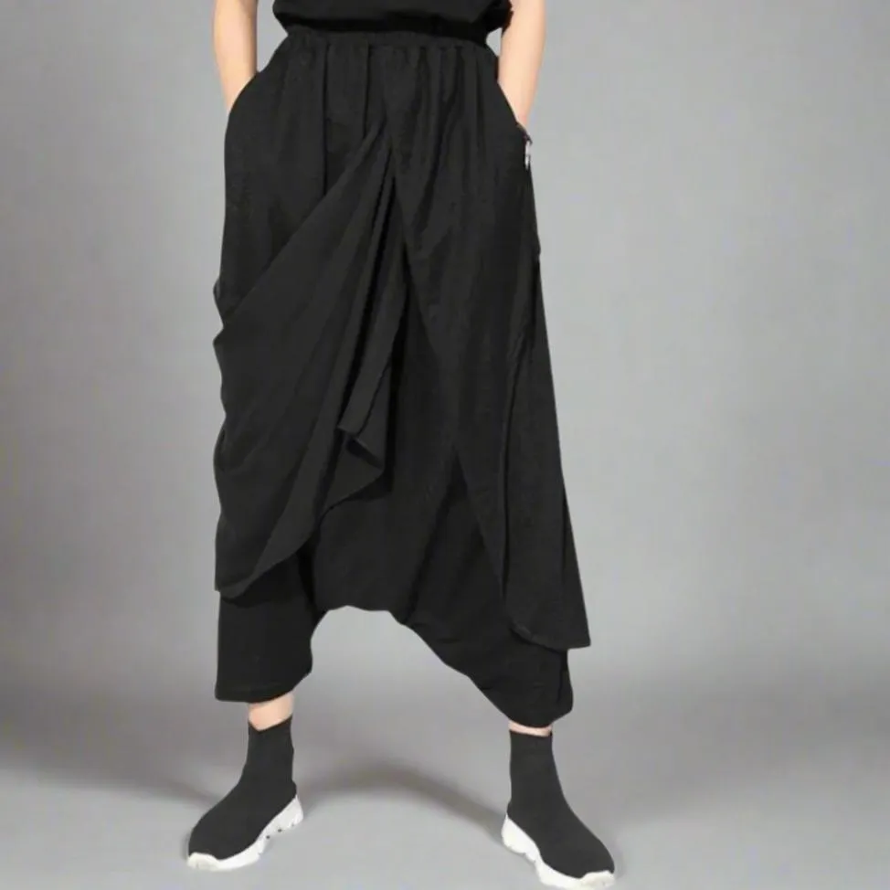 Stylish Deep Harem Capri Pants with Unique Overlay Design