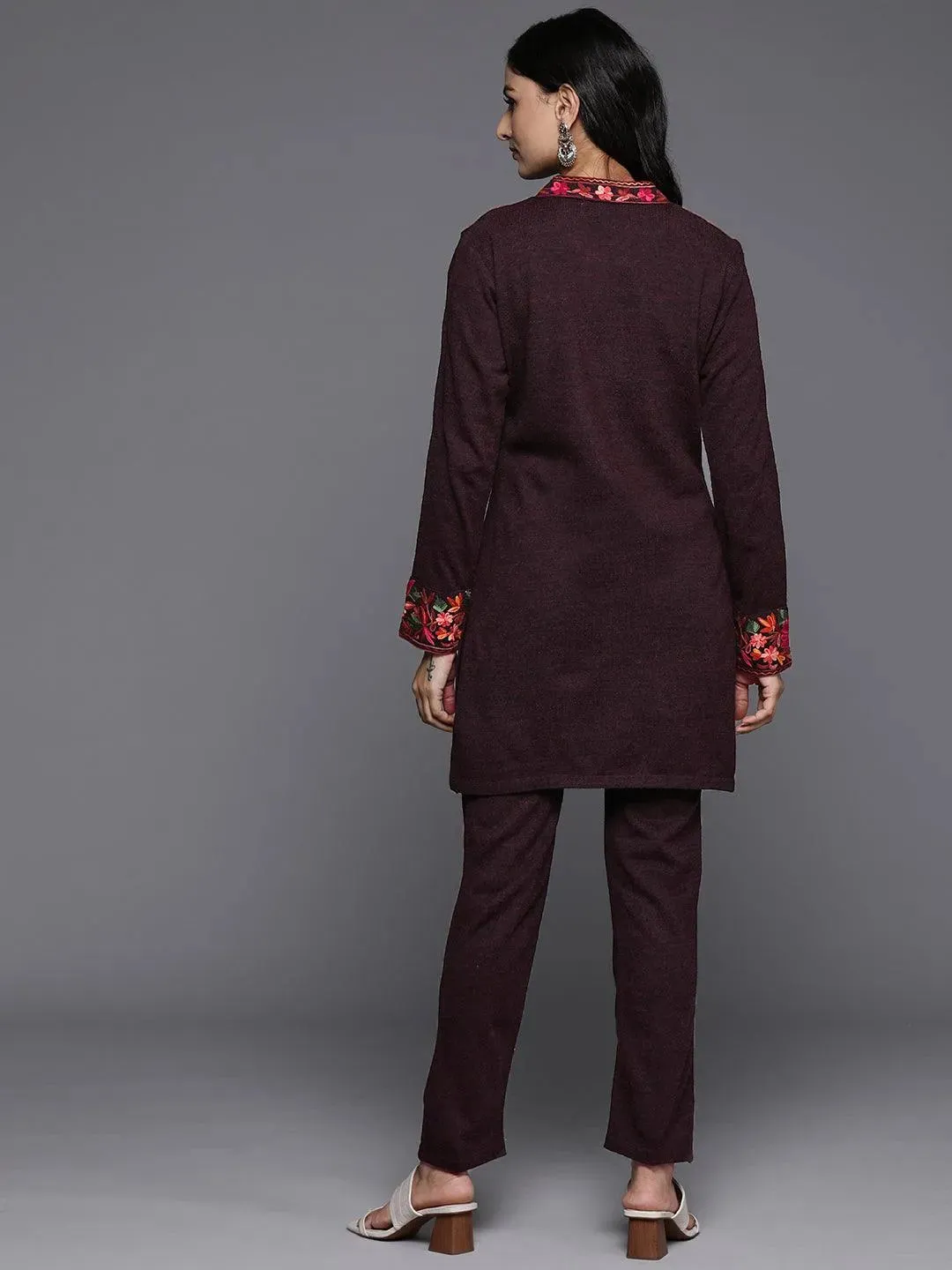 Wine Embroidered Wool Straight Kurta Set