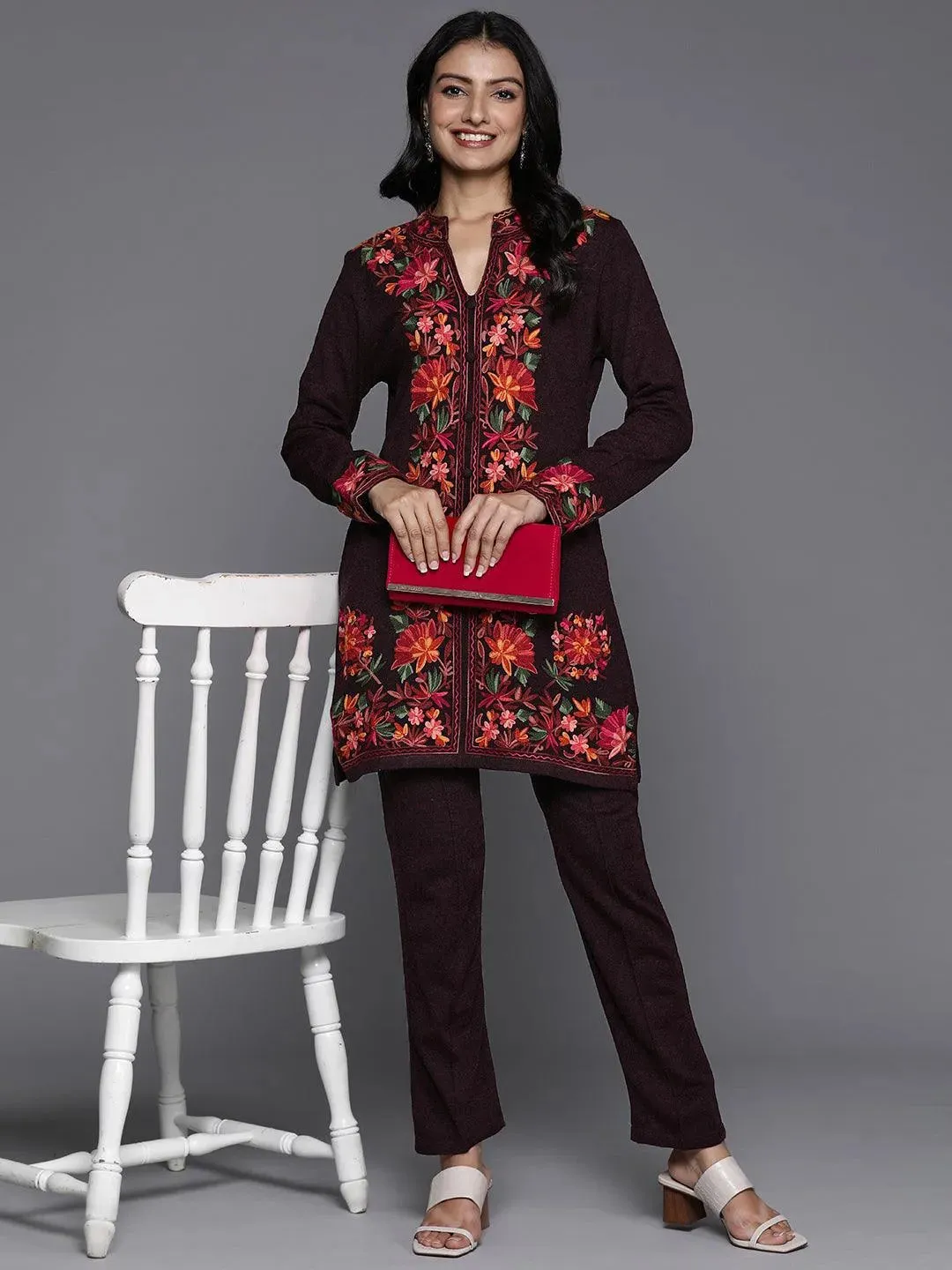 Wine Embroidered Wool Straight Kurta Set