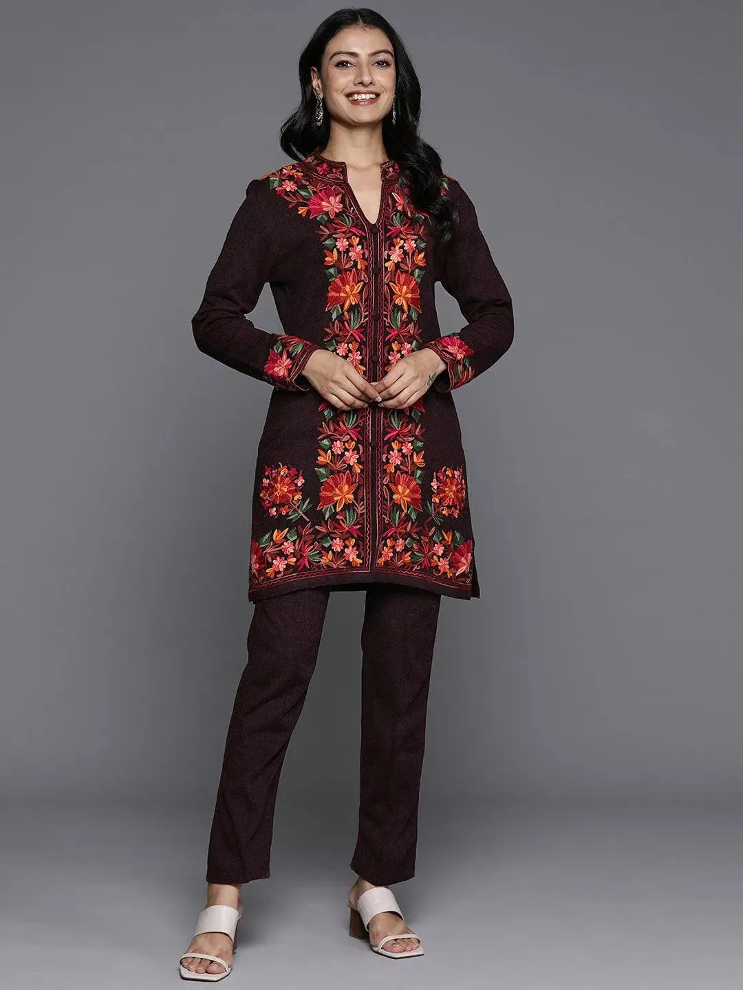 Wine Embroidered Wool Straight Kurta Set