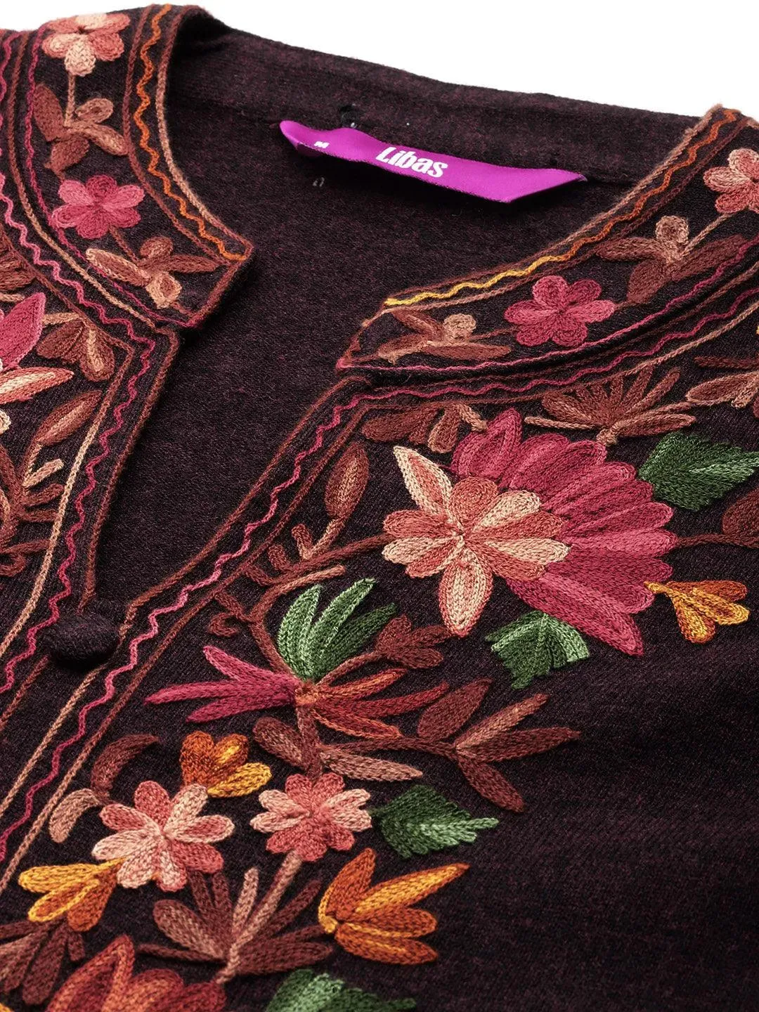 Wine Embroidered Wool Straight Kurta Set