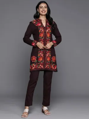 Wine Embroidered Wool Straight Kurta Set