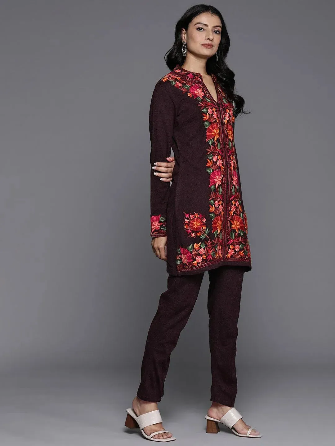 Wine Embroidered Wool Straight Kurta Set